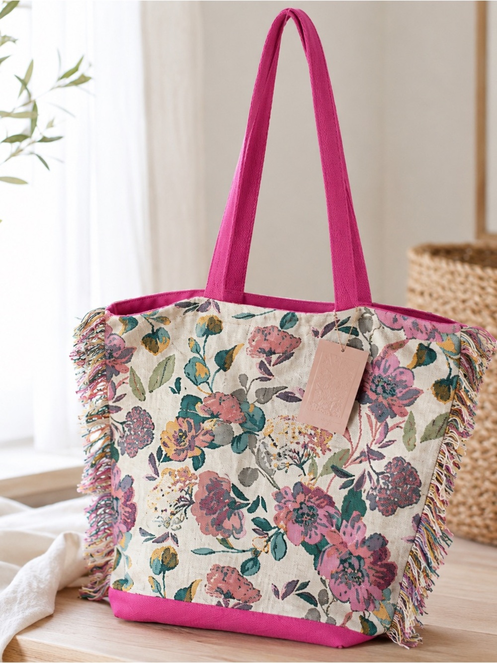 Floral Woven Tote Bag Pink Straps Fringe Boho Reusable Lightweight